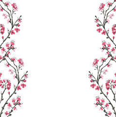 Cherry blossom branch flowers frame. Sakura spring tree. Chinese or Japanese traditional tree- Vector