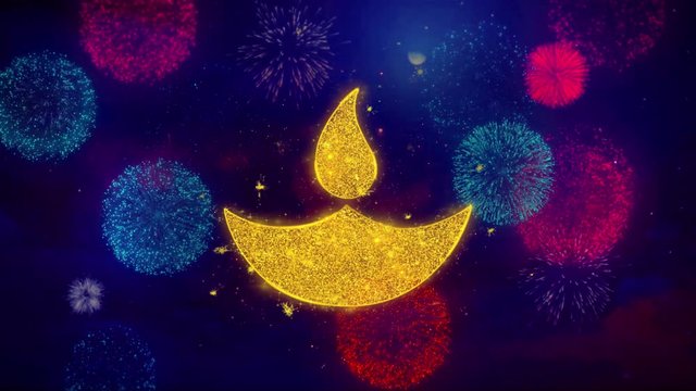 Diwali, diwali diya, diwali lamp, diya Icon Symbol on Colorful Fireworks Particles. Object, Shape, Design, Text, Element 4K Loop Animation