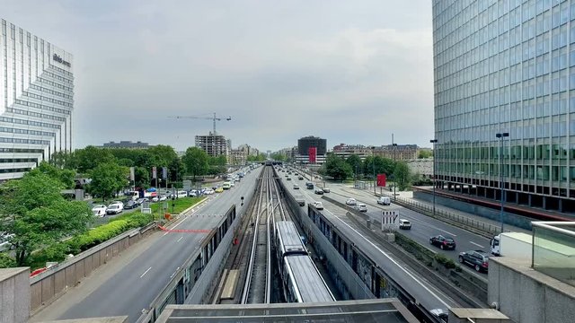  Rail and Street Traffic at La Defense a modern financial business, economy centar of Paris, France