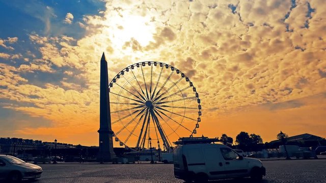 Hyperlapse of Place de la Concorde, largest public square in Paris, France. Cinematic sunrise shot.