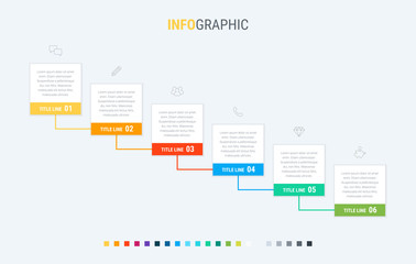 Colorful diagram, infographic template. Timeline with 6 steps. Modular workflow process for business. Vector design.