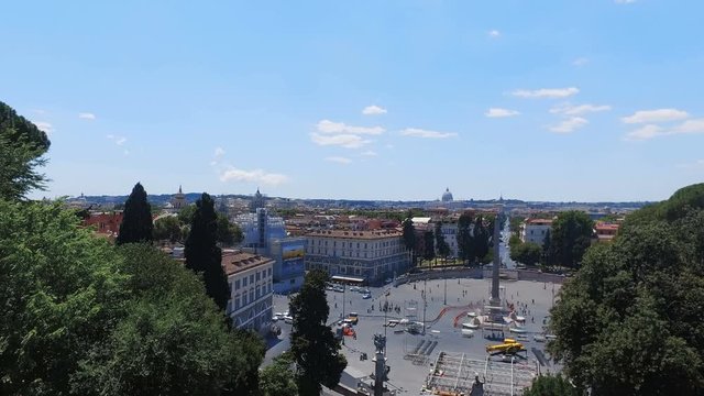 Park  in park Villa Borghese panoramic view from Terrazza del Pincio to Piazza del Popolo, Fontana dei Leoni and Santa Maria in Montesanto
