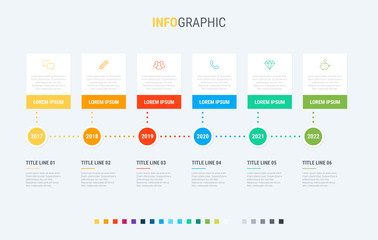 Fototapeta na wymiar Infographic template. 6 steps square design with beautiful colors. Vector timeline elements for presentations.
