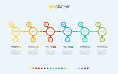 Fototapeta na wymiar Vector infographics timeline design template with rounded elements. Content, schedule, timeline, diagram, workflow, business, infographic, flowchart. 6 steps infographic.