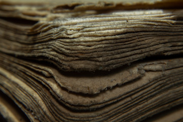 Macro shot old vintage book papers edge shape and texture