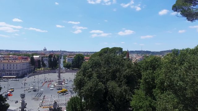 Panoramic view from park  in park Villa Borghese, Terrazza del Pincio to Piazza del Popolo, Fontana dei Leoni and Santa Maria in Montesanto