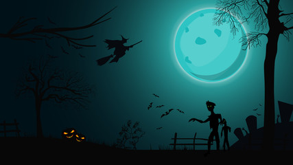Fototapeta premium Halloween background, night landscape with big blue full moon, zombie, witches and pumpkins