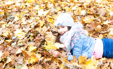 hübsches, kleines Mädchen mit braunen Haaren im Park im Herbst 