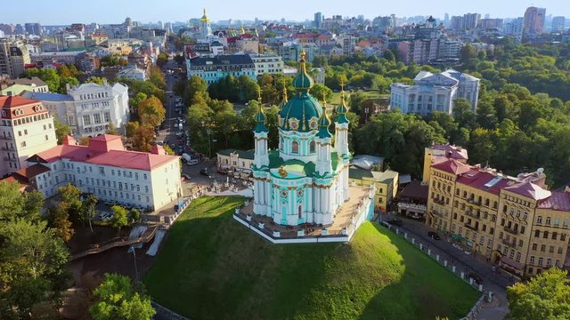 Aerial drone video Famous St. Andrews Church and panorama of Kyiv, Ukraine