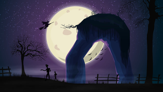 Halloween background, night purple landscape with big full moon, zombie, old trees and witches in the sky
