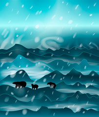 Fototapeta na wymiar The family of polar bears walking at night in the snowstorm