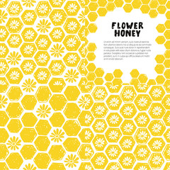 Set of eamless patterns and frame. Honeycomb and flowers.