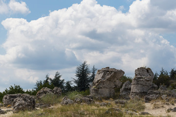Planted stones, also known as The Stone Desert. Landforms of Varna Province. Rock formations of Bulgaria. Stone forest.	