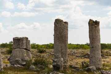 Planted stones, also known as The Stone Desert. Landforms of Varna Province. Rock formations of Bulgaria. Stone forest.	