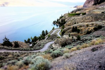 View of the Okanagan Valley in British Columbia Canada, photo with miniature effect on a hot sunny summer day and view of Okanagan Lake