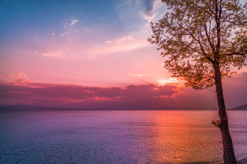 Beautiful sunset on the lake.  Fantastic sunrise, colorful clouds and tree on the Sevan lake Armenia.