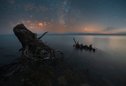Old stump in the lake and beautiful milky way galaxy. Long exposure. Sevan lake Armenia.