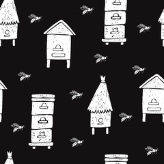 Seamless pattern with  bees, beehives.