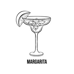 Margarita vector hand drawn illustration. Alcoholic citrus beverage. Strong drink. Monochrome cocktail with ice and lemon slice on glass ink drawing. Night club menu, poster design element