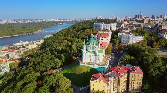 Aerial drone video Famous St. Andrews Church and panorama of Kyiv, Ukraine