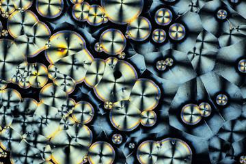Colorful micro crystals in polarized light. Photo through a microscope.