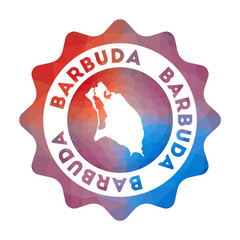 Barbuda low poly logo. Colorful gradient travel logo of the island in geometric style. Multicolored polygonal Barbuda rounded sign with map for your infographics.