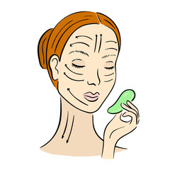 Gua Sha facial massage. Woman with scraper.