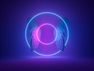 3d render, abstract minimal neon background, mannequin hands in ultraviolet light, pink blue glowing rings, magical round shapes, witch occult ritual, halloween mockup, fashion concept