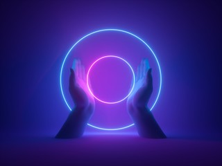 3d render, abstract minimal neon background, mannequin hands holding pink blue glowing rings, round shape, witch occult ritual, halloween mockup, ultraviolet light, fashion concept