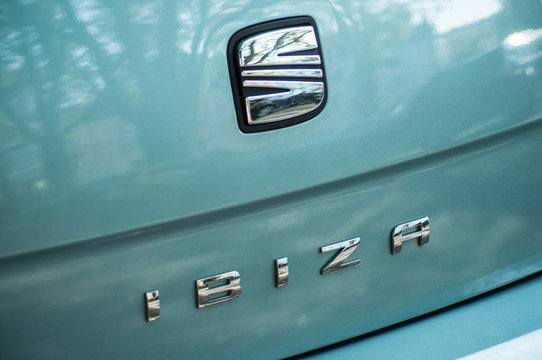 Mulhouse - France - 28 August 2019 - Closeup Of Seat Ibiza Logo On Blue Rear Car Parked In The Street