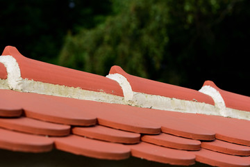 Close-up of flat red clay roof tiles, which are covered by a roof ridge