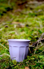 Coffee mug on the green moss in the forest