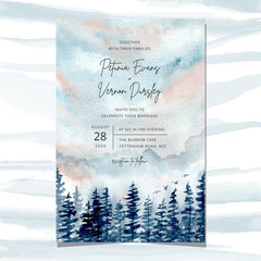 wedding invitation with pine forest watercolor background