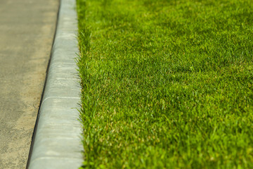 green short-cut grass lawn with a curb near the road