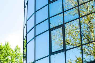 glass panoramic windows with reflection of blue sky and tree in summer