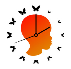 Silhouette of the girl head and wall clock