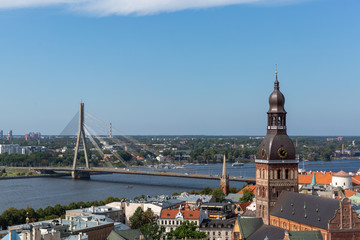 Fototapeta premium View of Old Town and river Daugava from Saint Peter church, Riga, Latvia