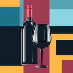 Black wine glass and bottle of wine with red cork - abstract background with geometric shapes - vector.