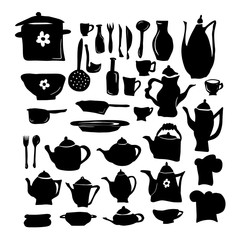Set of silhouettes of kitchen utensils. Children's drawing. Vector illustration