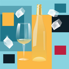 White wine bottle and transparent glass, ice cubes - abstract background with geometric shapes - vector.