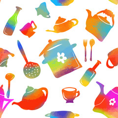 Set of silhouettes of kitchen utensils. Children's drawing. Seamless colorful background. Vector illustration