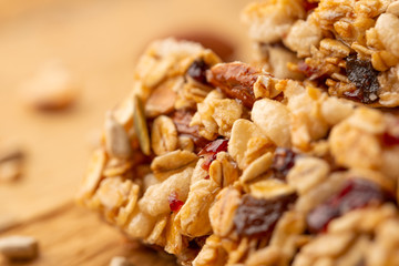 granola bars close-up on a wooden background