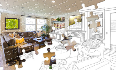 Puzzle Pieces Fitting Together Revealing Finished Living Room Build Over Drawing