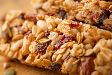 granola bars close-up on a wooden background