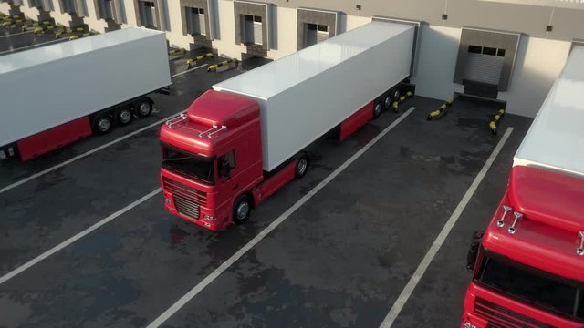 Red semi trucks leaving from warehouse dock after loading or unloading goods. High parallel tracking shot. Seamless loop. Realistic high quality 3d animation.