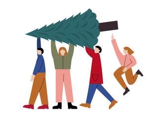 Four friends carrying Christmas tree. Friends preparing for Christmas party. Flat cartoon vector illustration