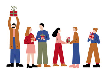 Bundle of people with presents. Men and women with presents boxes isolated on white background. Flat cartoon vector illustration