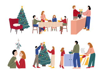 Set of family preparing and celebrating Christmas. Family having and cooking Christmas dinner, buying presents, decorating tree, kissing under mistletoe, cat sleeping. Flat cartoon vector illustration