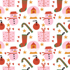 Cute Christmas seamless pattern. Pink, red, green and orange pattern with present box, snowman, glass ball dollhouse, candy, tree toy, sock. Flat vector illustration