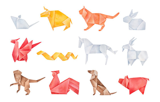 Folded origami pack of twelve traditional Chinese Zodiac Animals. Red, yellow, brown, orange, light gray colors. Hand drawn watercolour graphic drawing, cutout clip art elements for creative design. - Powered by Adobe